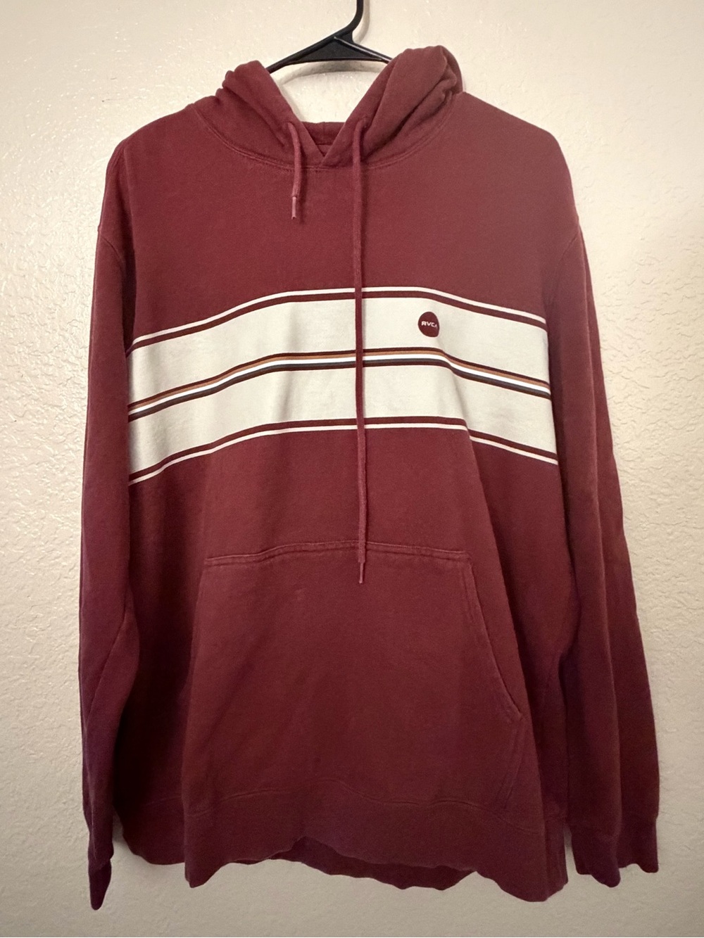 RVCA Men's Maroon Hoodie with White Stripe Detail